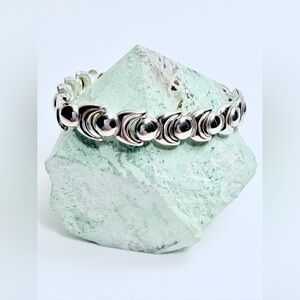 Vintage TAXCO Sterling Silver Hollow Circle & Crescent Link Signed Bracelet